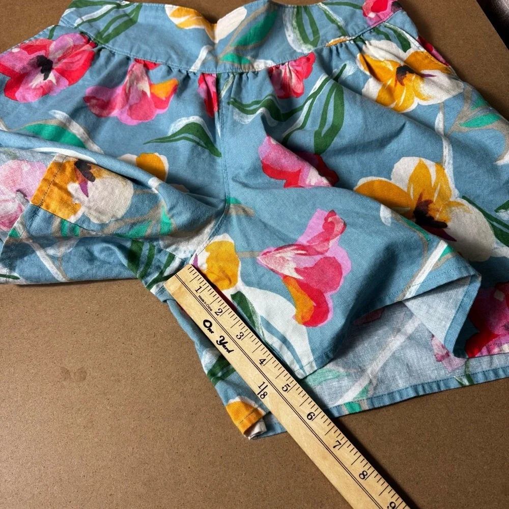 Tea Floral Blue Girl's Cotton Linen Blend High Waisted Shorts Size 16